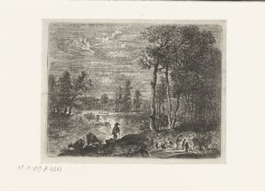 Landschap bij nacht met boeren en vee