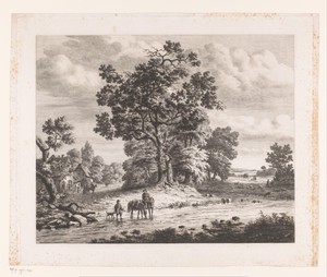 Landschap langs de Samber, een ruiter met twee paarden in het water naast een man met een hond