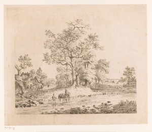Landschap langs de Samber, een ruiter met twee paarden in het water naast een man met een hond