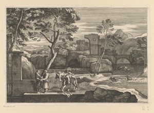 Landschap met aankomst van de Barmhartige Samaritaan bij de herberg