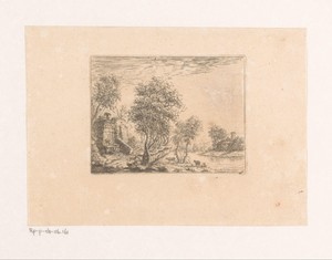 Landschap met antieke bron bij rivier