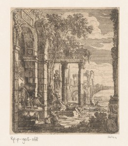 Landschap met antieke ruïnes en figuren bij een fontein