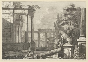Landschap met antieke ruïnes en monument met leeuw