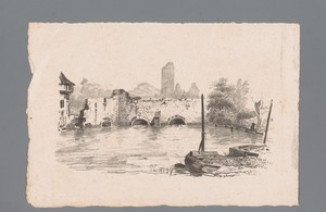 Landschap met bebouwing en water stromend door twee tunnels