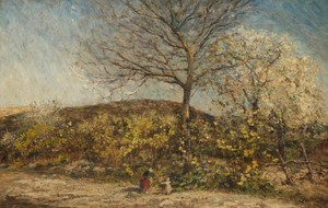 Landschap met bloeiende boomgaard