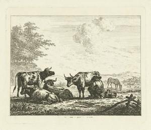 Landschap met boer die koeien melkt