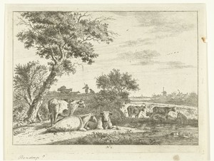 Landschap met boer met kudde koeien