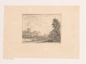 Landschap met boerderij aan een rivier en toren in de verte