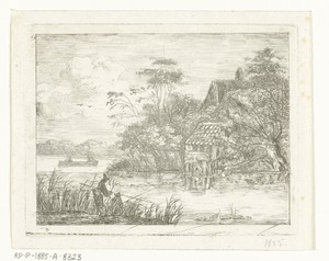 Landschap met boerderij aan water en twee vissers