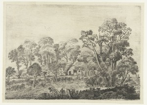Landschap met boerderij bij een vijver