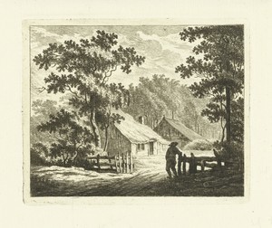 Landschap met boerderij en erf met hek
