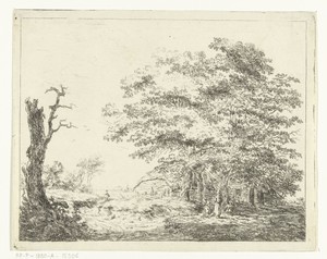 Landschap met boerderij en figuren onder bomen
