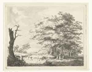 Landschap met boerderij en figuren onder bomen