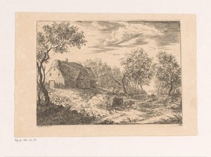 Landschap met boerderij en hooiwagen