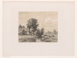 Landschap met boerderij en koe in het water
