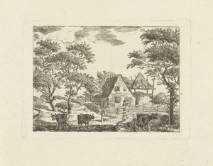 Landschap met boerderij en koeien in weiland