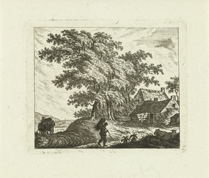 Landschap met boerderij en man met takkenbos