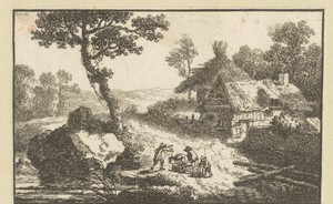 Landschap met boerderij en mannen die vaten verplaatsen