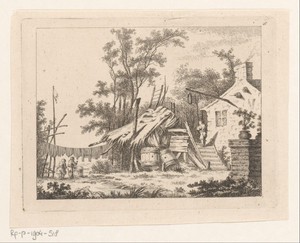 Landschap met boerderij en mensen die de was ophangen