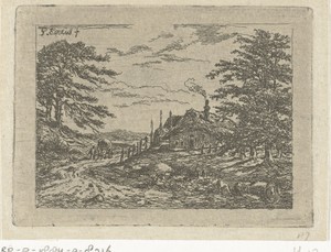 Landschap met boerderij en paard en wagen