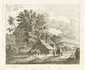 Landschap met boerderij en paard en wagen op landweg