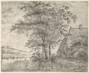 Landschap met boerderij en put