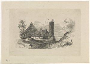 Landschap met boerderij en toren