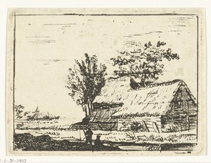 Landschap met boerderij en twee hengelaars bij een slootje