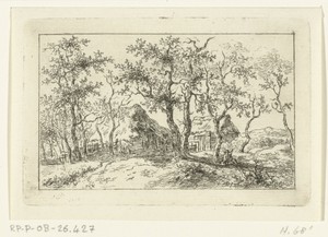 Landschap met boerderij en wandelaar