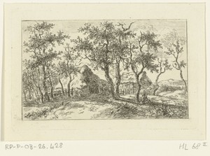 Landschap met boerderij en wandelaar