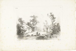 Landschap met boerderij en wasvrouw bij water