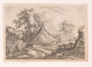 Landschap met boerderij en weide met vee