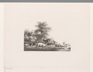 Landschap met boerderij, kudde en melkende boerin