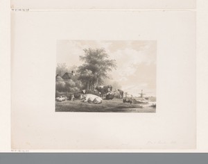Landschap met boerderij, kudde en melkende boerin
