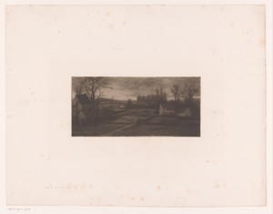 Landschap met boerderijen bij avond