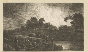 Landschap met boeren aan het werk in de schemering