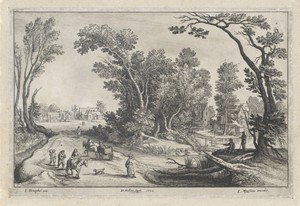 Landschap met boeren op weg naar de markt