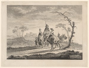 Landschap met boerenfiguren en ezels