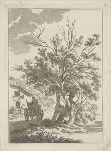 Landschap met boerenwagen bij herberg