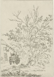 Landschap met boerenwagen bij herberg