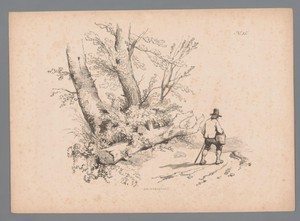 Landschap met bomen en een man met wandelstok en mand