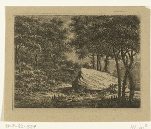 Landschap met bomen en grote steen
