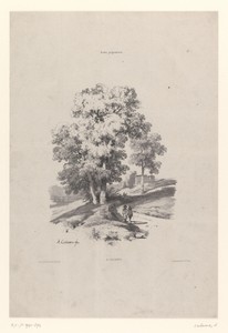 Landschap met bomen en twee figuren op een weg