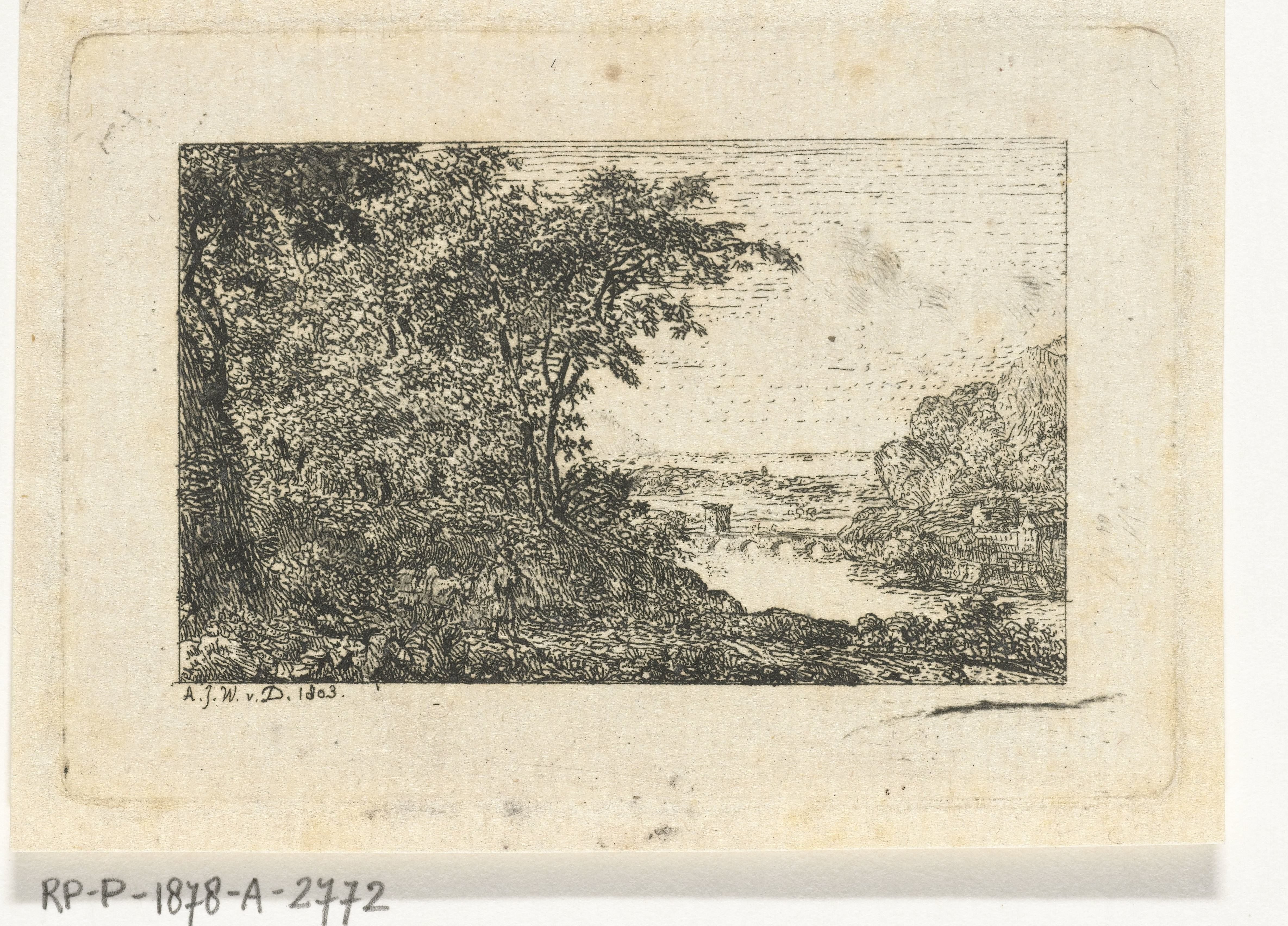 Landschap met bomen op rivieroever by Adriaan Jacob Willem van Dielen