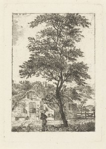 Landschap met boom voor boerderij en man met hond