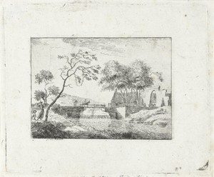 Landschap met brug en boerderij