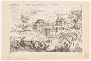 Landschap met brug en boot