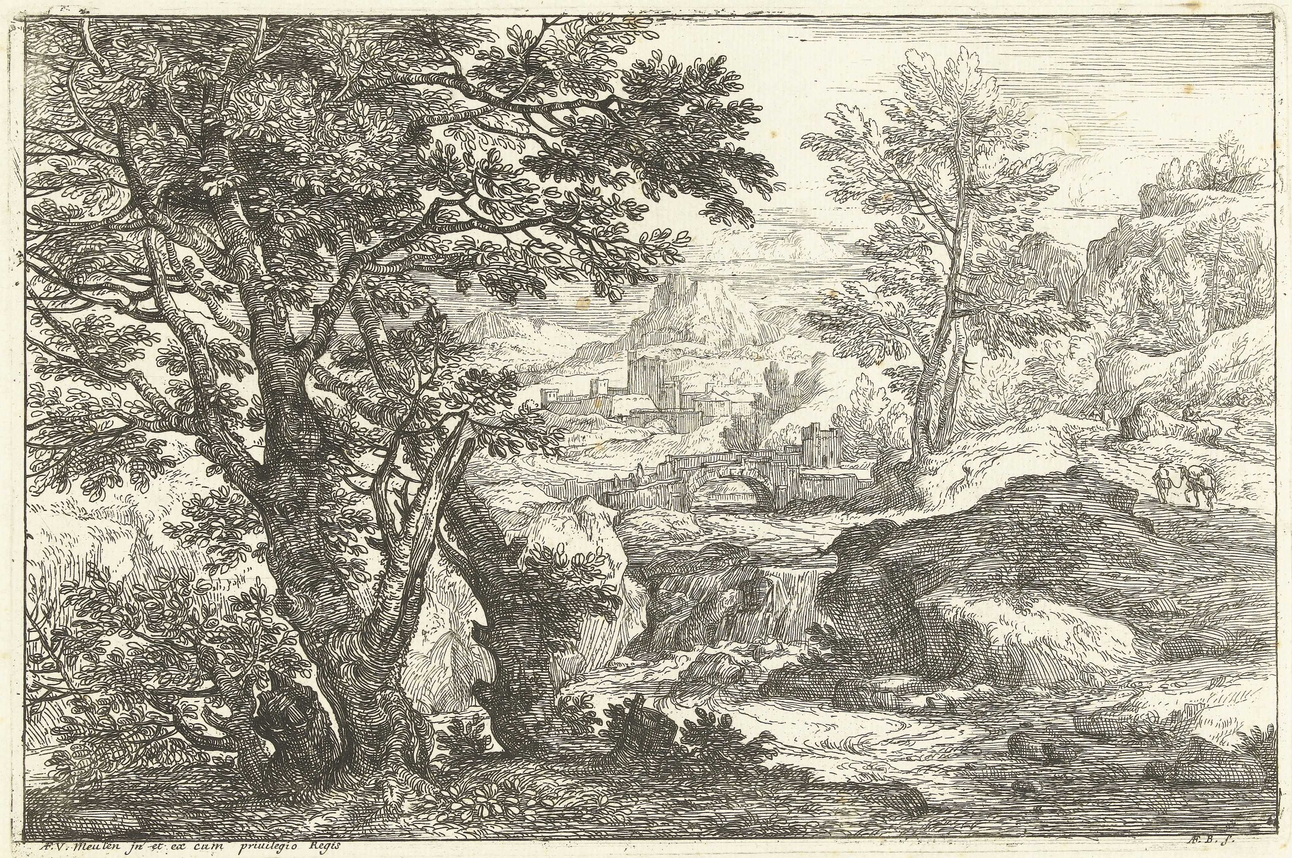 Landschap met brug en waterval by Adriaen Frans Boudewyns