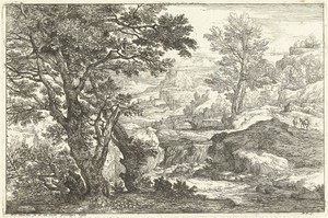 Landschap met brug en waterval