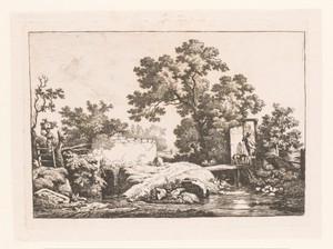 Landschap met bruggen en een man die met zijn hond door een poort loopt